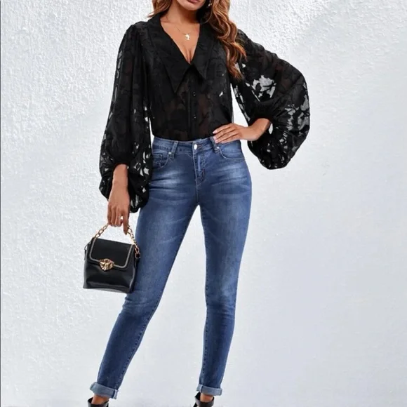 Boho Lantern Sleeve Floral Applique Sheer Button Down Shirt Blouse Top BLACK - Picture 3 of 5